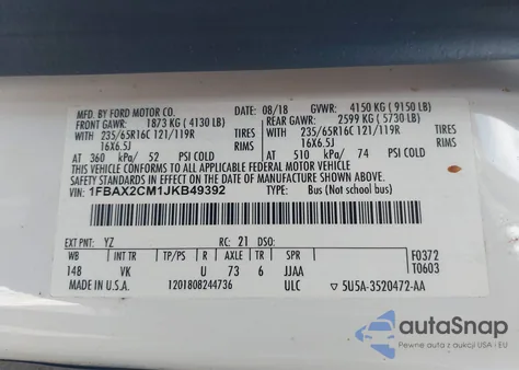 2018 Ford Transit-350 Xl из США, поврежденный, VIN 1FBAX2CM1JKB49392